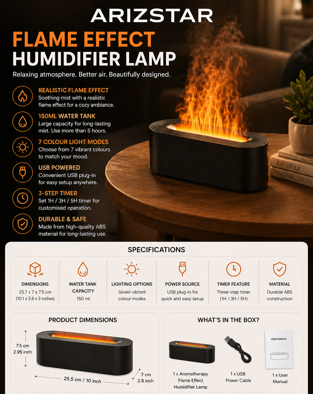Humidifier Lamp with LED Lights & Flame Effect