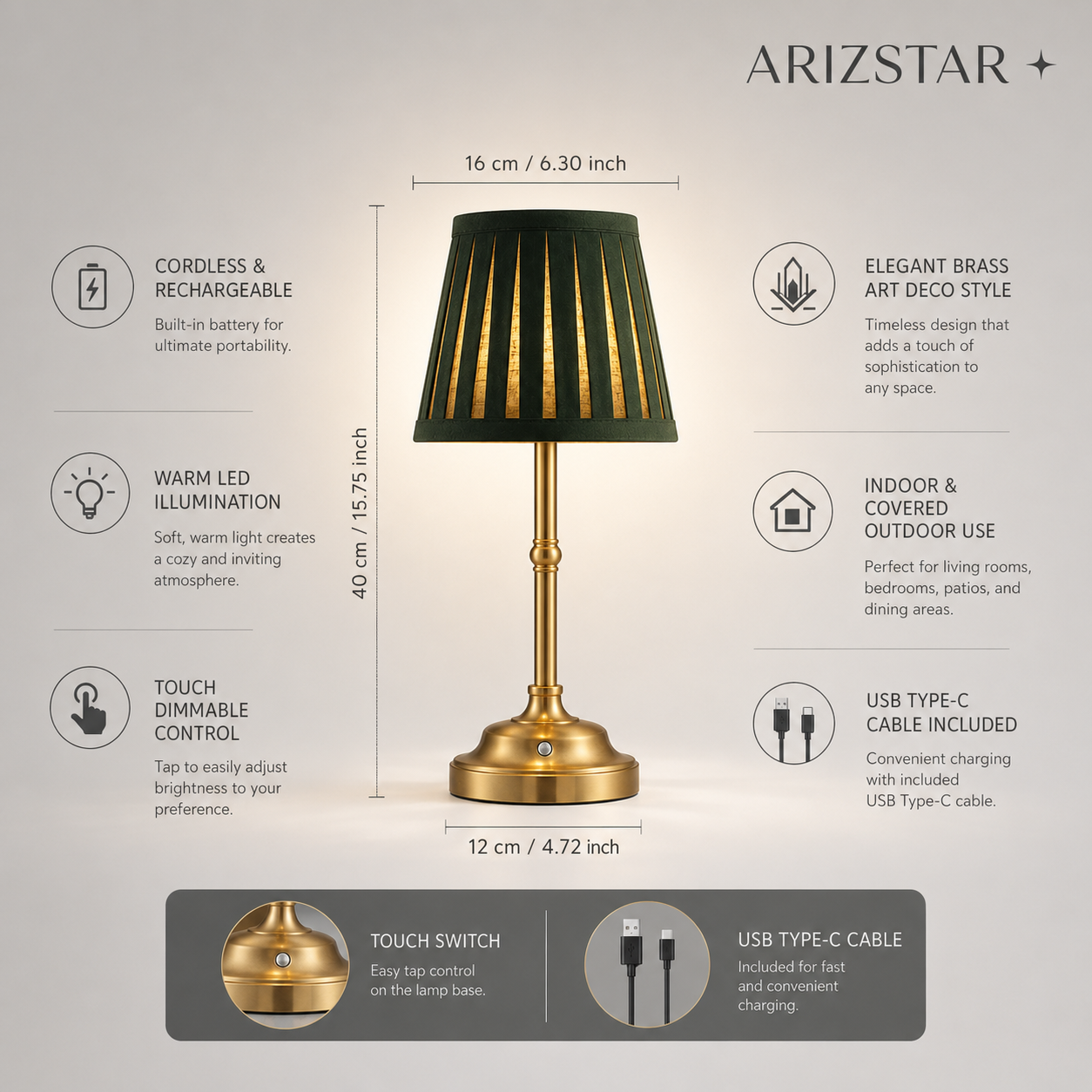 Elegant Cordless Table Lamp with Touch Control & Adjustable Brightness | Stylish Bedside Lighting for Indoor and Outdoor Use
