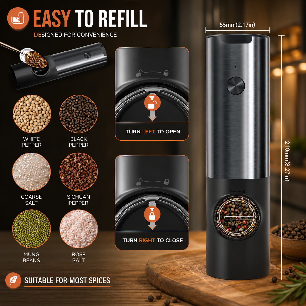 Modern Luxe | Electric Salt and Pepper Grinder Set with Rechargeable Design | Effortless Seasoning for Everyday Cooking