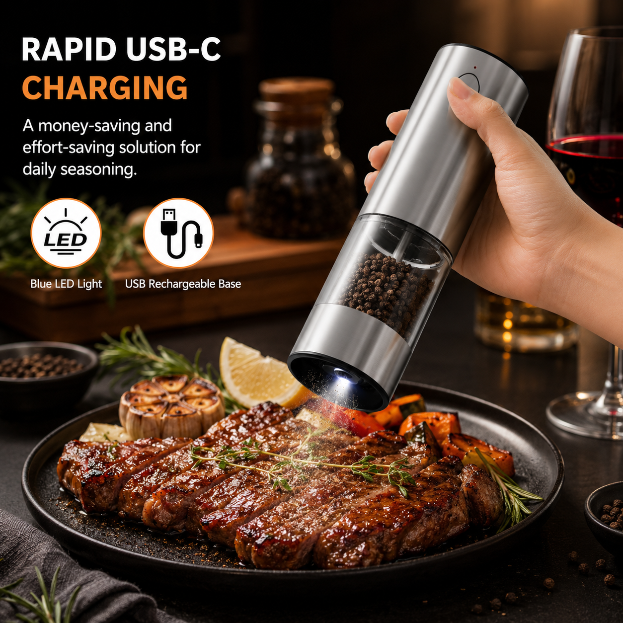 Electric Pepper Grinder | USB Rechargeable with Adjustable Coarseness | One-Handed Operation for Effortless Seasoning