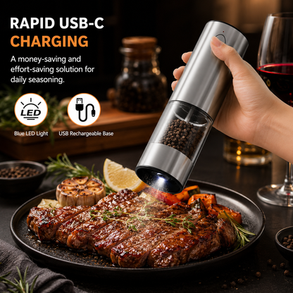Electric Pepper Grinder | USB Rechargeable with Adjustable Coarseness | One-Handed Operation for Effortless Seasoning
