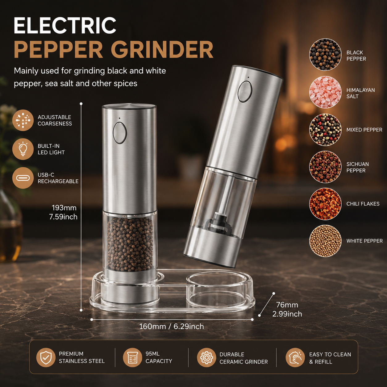 Electric Pepper Grinder | USB Rechargeable with Adjustable Coarseness | One-Handed Operation for Effortless Seasoning