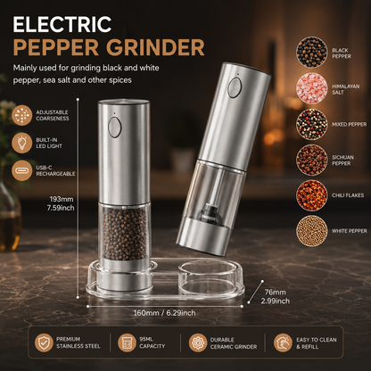 Electric Pepper Grinder | USB Rechargeable with Adjustable Coarseness | One-Handed Operation for Effortless Seasoning