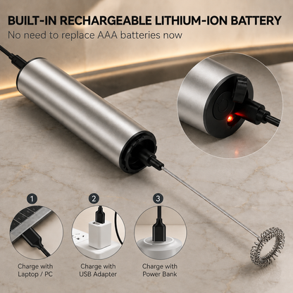 Portable Milk Frother | Rechargeable Stainless Steel with 2 Speeds | Versatile Tool for Lattes and Cappuccinos