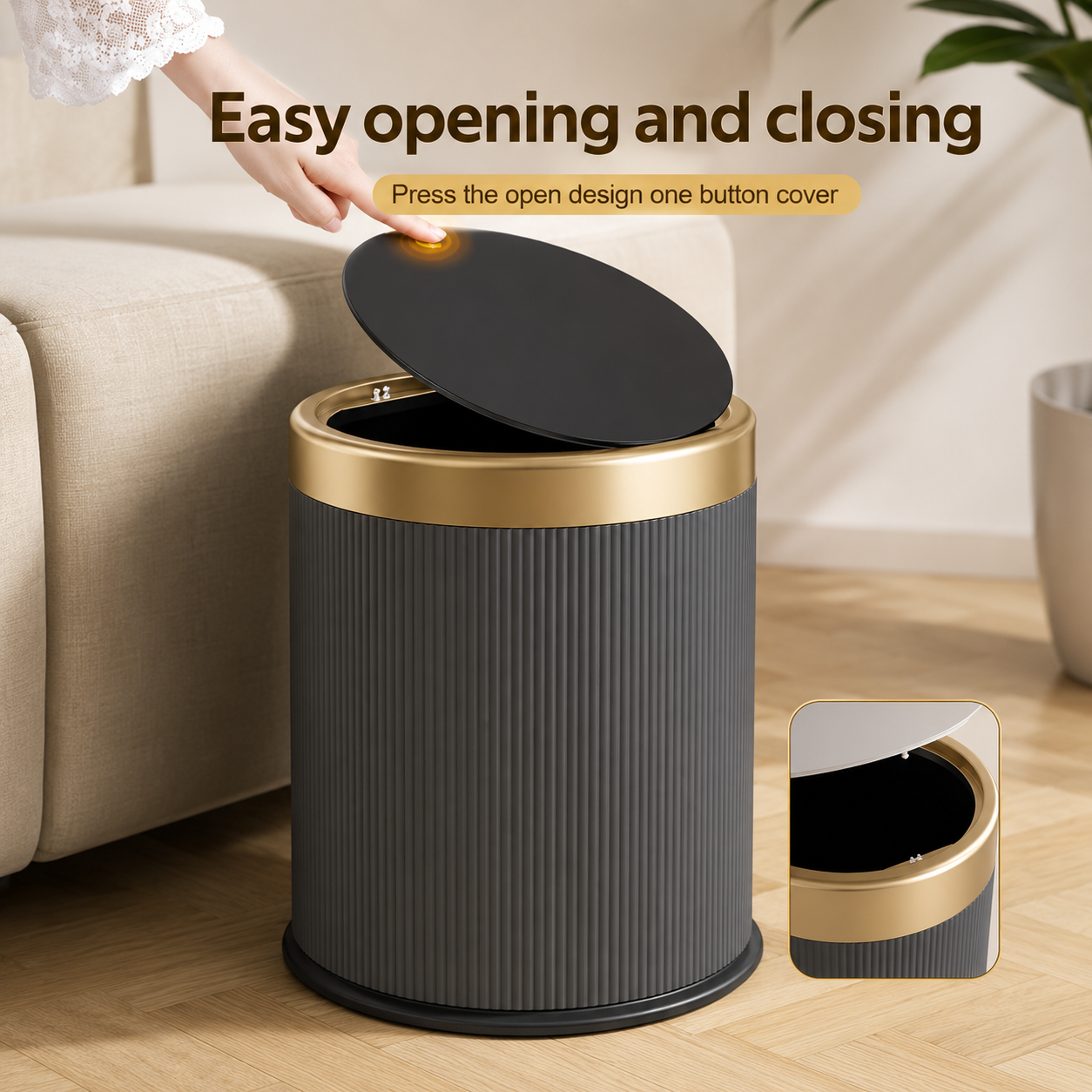 Elegant Oval Kitchen Trash Can | Press-Top Waste Bin with Odour-Sealing Design for Modern Homes