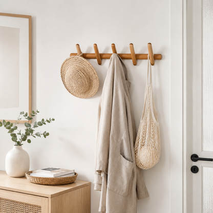 Elegant Oak Wall Mounted Coat Rack with 4 Sturdy Hooks | Minimalist Design for Entryway Organization
