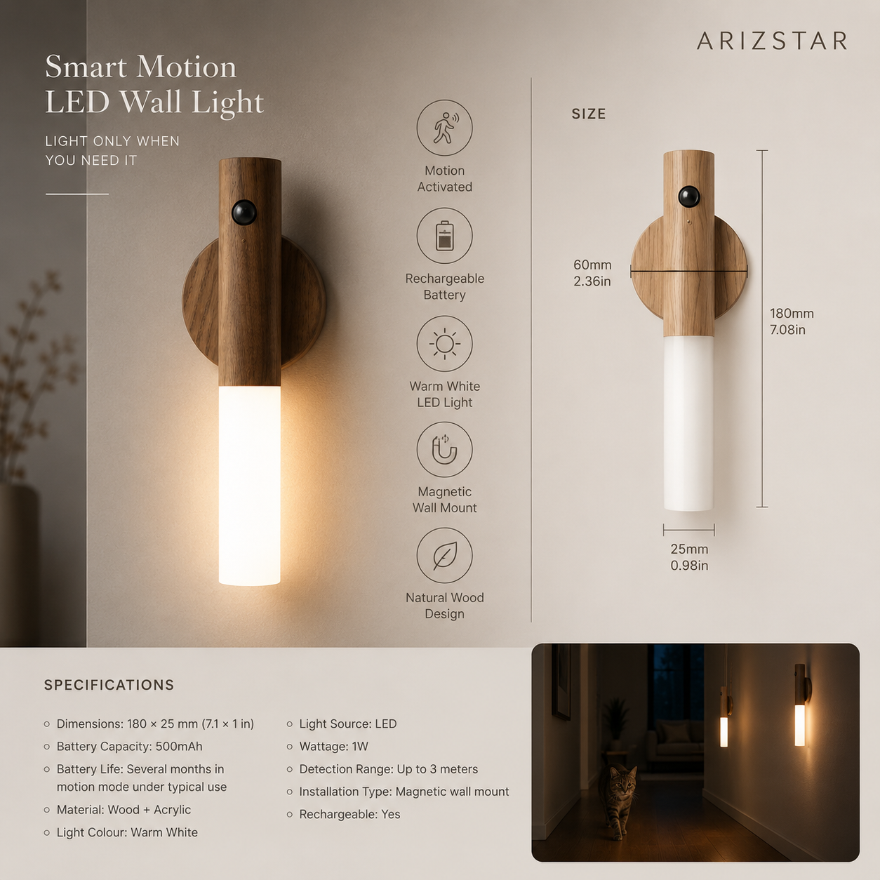 Motion Sensor LED Light | Cordless Design with Magnetic Mount | Convenient Illumination for Home Use
