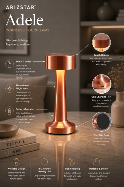 Adele |  Retro Cordless Table Lamp with Adjustable Brightness