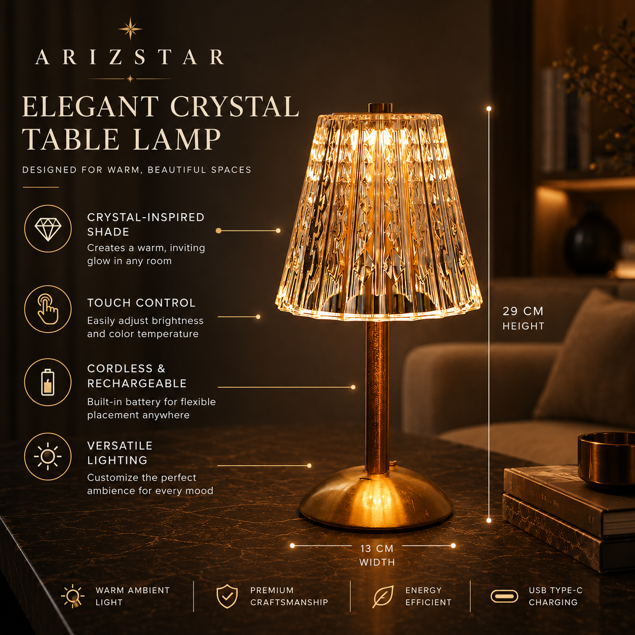 Elegant Crystal Table Lamp | Cordless Touch Control Design with Rechargeable Battery