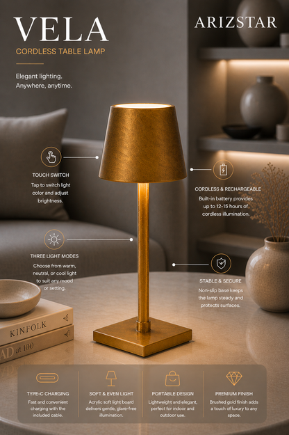 Vela | Modern Cordless LED Touch Control Table Lamp
