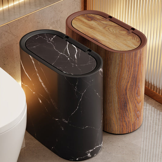 Elegant Marble Pattern | Kitchen Trash Can with Lid | Space-Saving Oval Bin for Stylish Home Decor 1