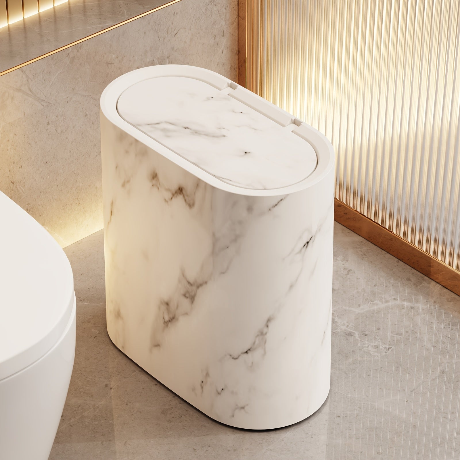 Elegant Marble Pattern | Kitchen Trash Can with Lid | Space-Saving Oval Bin for Stylish Home Decor 2