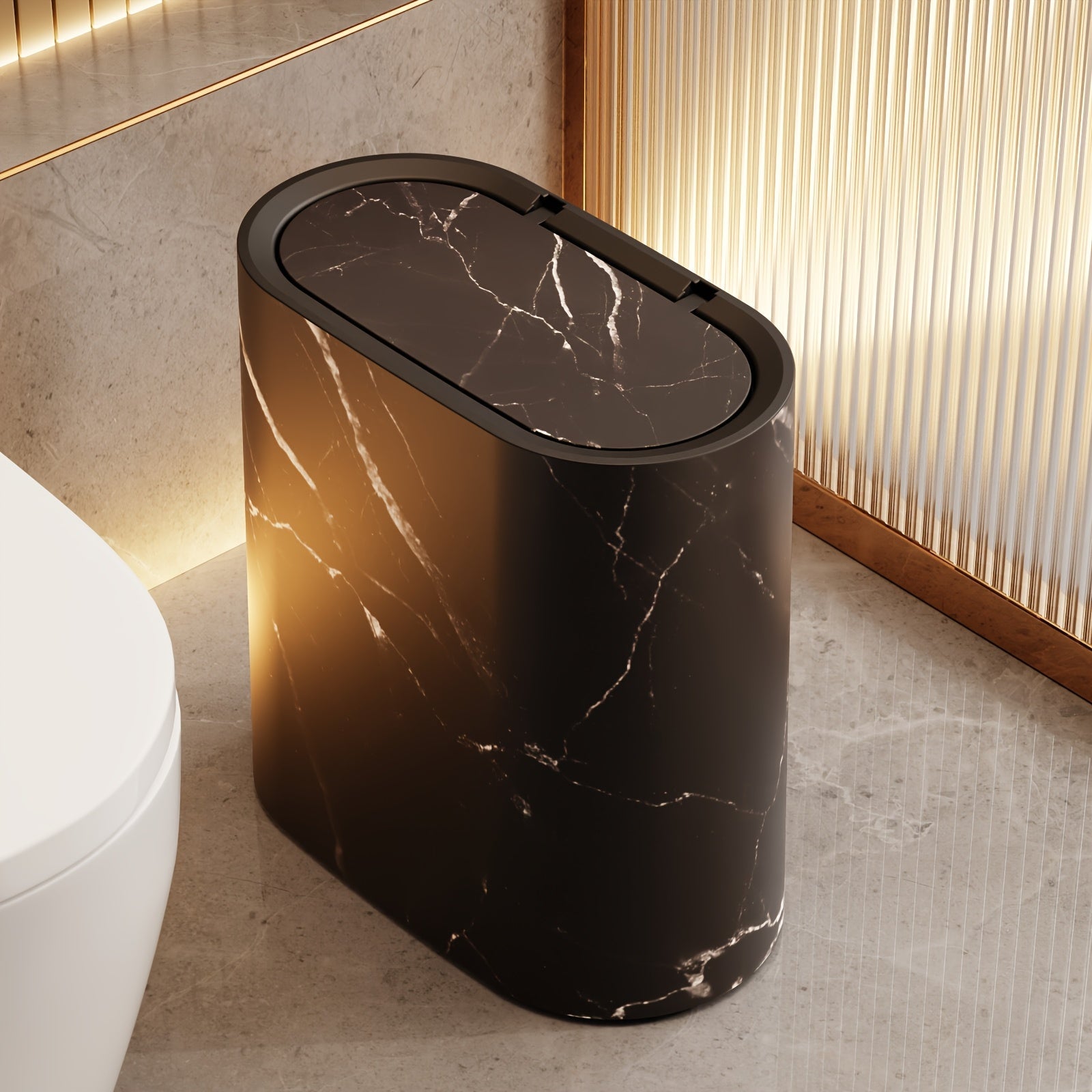 Elegant Marble Pattern | Kitchen Trash Can with Lid | Space-Saving Oval Bin for Stylish Home Decor 7