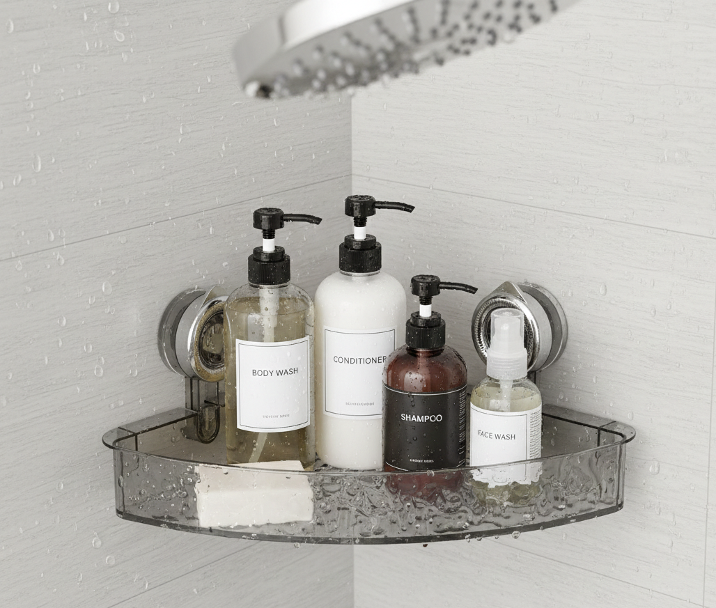 Stylish Corner Shower Caddy | Two-Tier Suction Shelf for Space-Saving Bathroom Organizer
