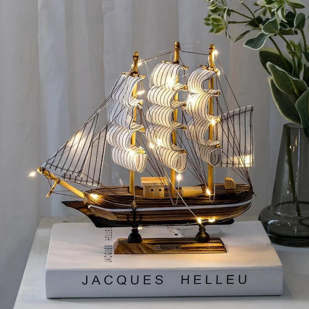 NaturaWave | Elegant Wooden Sailboat Small Accent Lamp with LED Light 0