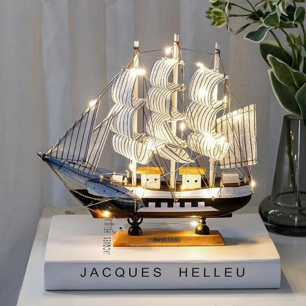 NaturaWave | Elegant Wooden Sailboat Small Accent Lamp with LED Light 2